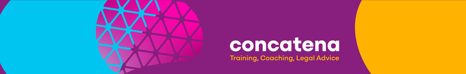 Concatena's banner which is abstract and colourful (Magenta, Cyan and Yellow), with the strapline "Training, Coaching, Legal Advice".".