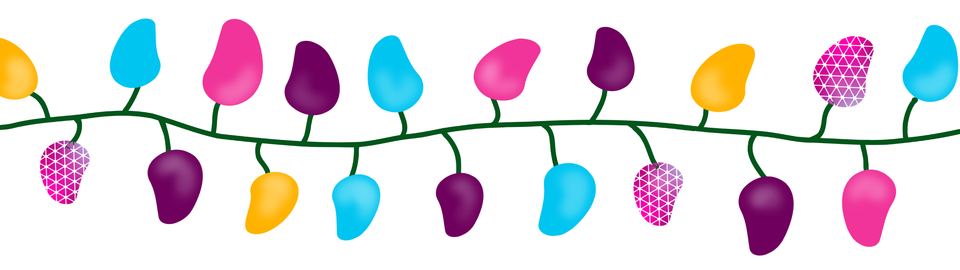 A string of Christmas lights, in Magenta, Cyan and Yellow, made out of the shapes of the Concatena logo
